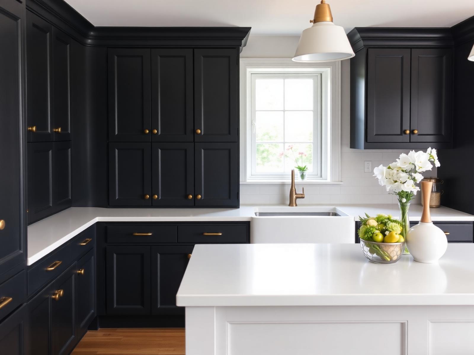 Modern kitchen with freshly painted matte charcoal cabinets and a white island